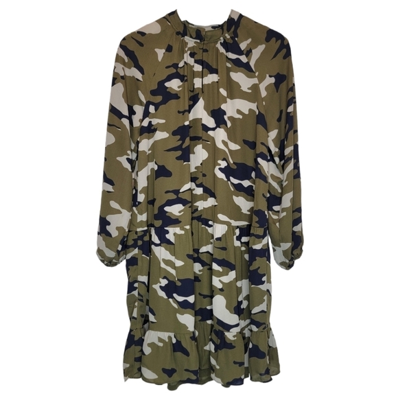 BANANA REPUBLIC Green Camo Mini Dress Long Sleeve Drop Waist Women Small V Neck - Picture 3 of 10